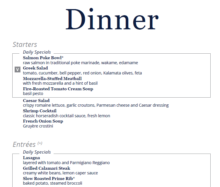 MSC World America Dining Room Menu and Food