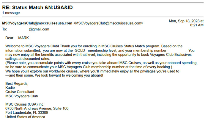 MSC Cruises Status Match Program