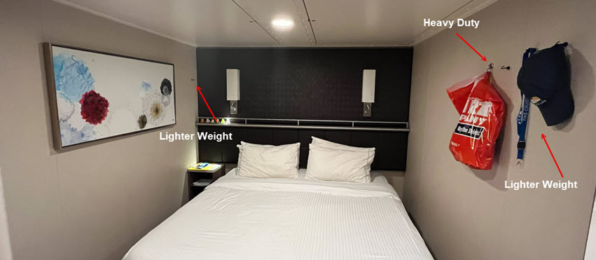 Image from a stateroom showing what we consider to be the best magnetic hooks for cruise cabins