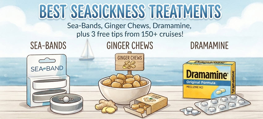 Cruise seasickness remedies laid out, including wristbands, ginger chews, and medicine