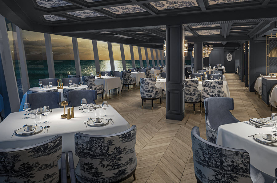 Norwegian Aura Dining Changes - Rendering of what Le Bistro will look like on board Norwegian Aura. Ocean views, dark woods, white tablecloths, blue accents