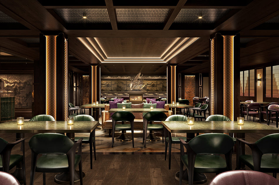 Rendering of Sukothai with dark woods, low-level accent lighting