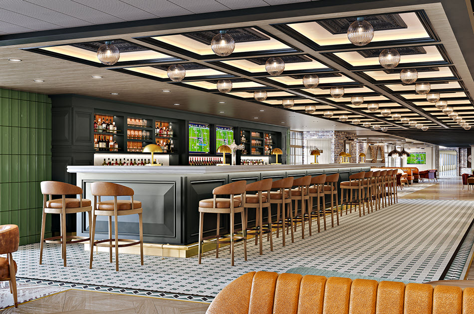 Rendering of The Local on board Norwegian Aura, chairs, bar, and tv screens with sports playing