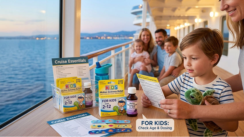 photo of family on a ship with mom and child reading a seasickness information packet