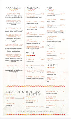 The listing of all of the beverages available from cocktails to beers to wines, and more!