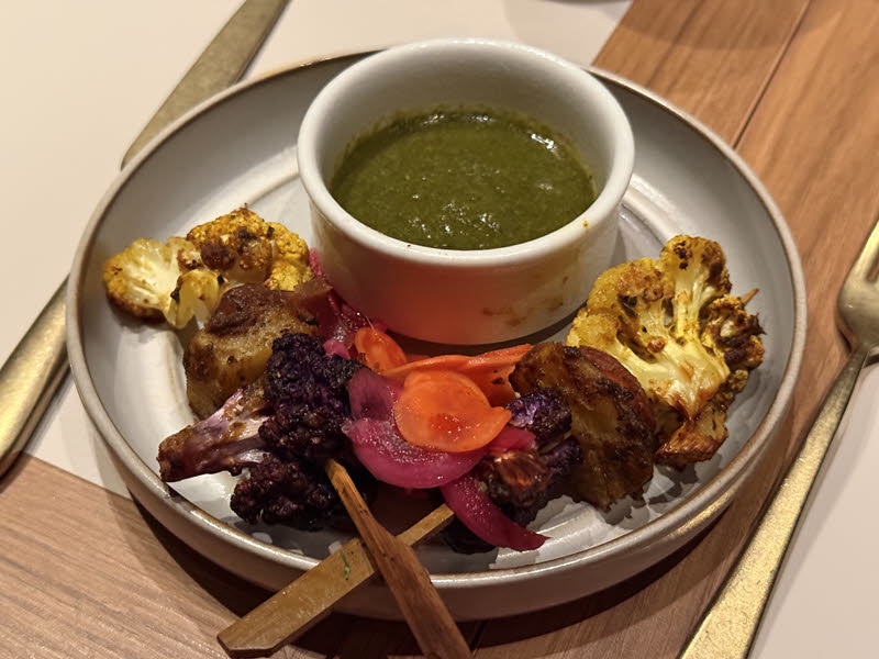Sunchoke and Cauliflower Tandoori Kebab - mint chutney, pickled red onion and radish