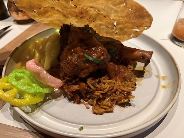 Lamb Shank Biryani - fragrant saffron basmati, fryums